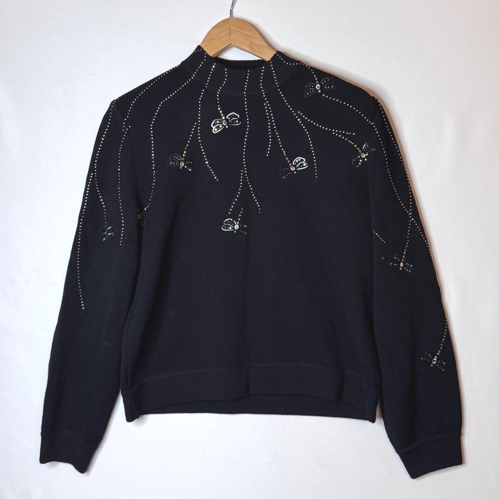 St John Evening Sweater S Black Butterfly Aurora Bling Mock Neck Dressy Event